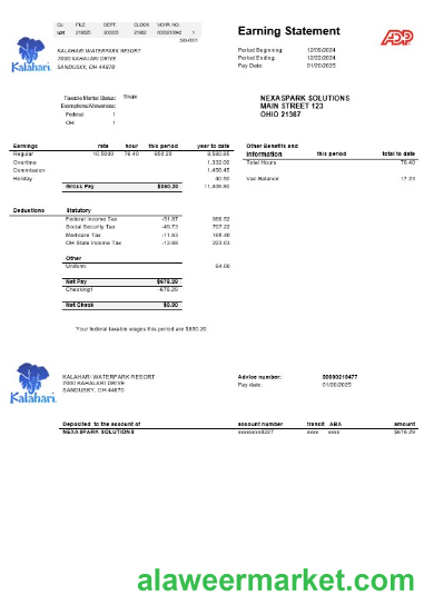 USA Ohio Kalahari Waterpark Resort business utility bill template in Word and PDF formats